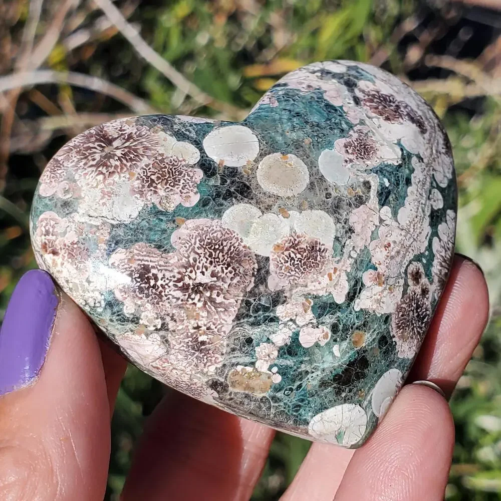 Green Rhyolite Cherry Blossom Puffy Heart Crystal Carving 96 grams